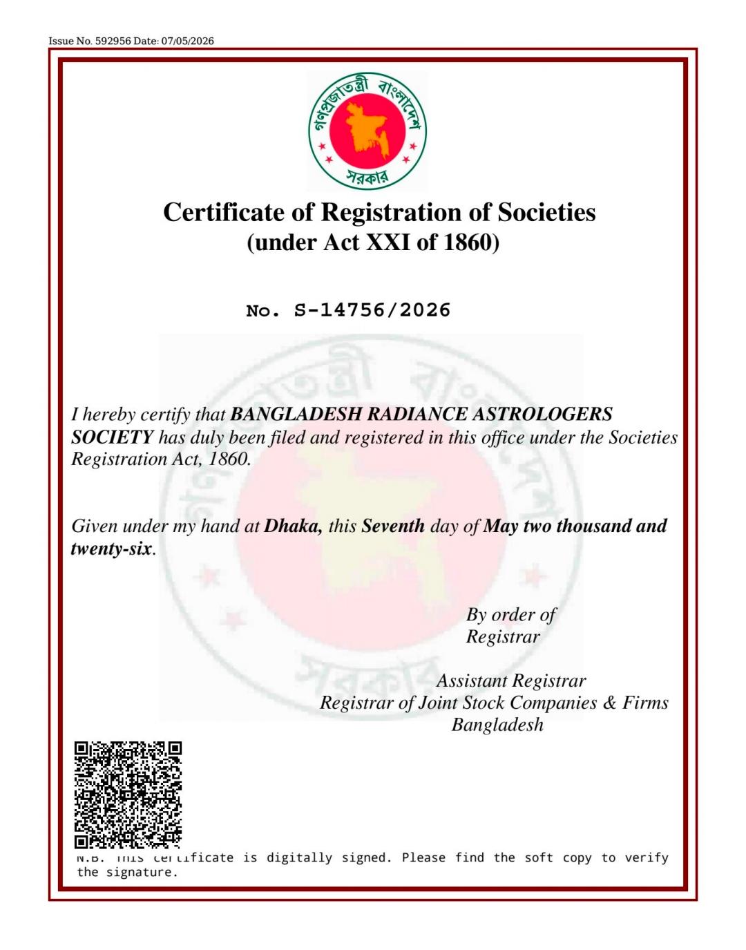 Certificate of Registration of Societies